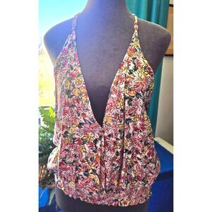 Ditsy Floral Halter Top with Smocked Waist and Deep V-Neck Size L